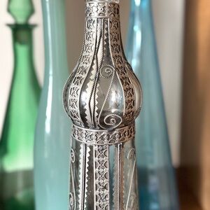 Vintage Silver Encased Glass Bottle Decanter with Twisted Wire Filigree Overlay